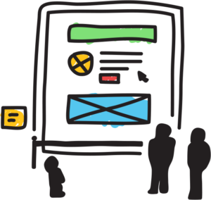 email design layout, with silhouettes of people waiting at the stop.