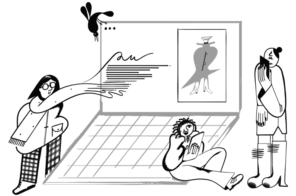 Three people and a bird gathered around a giant laptop.