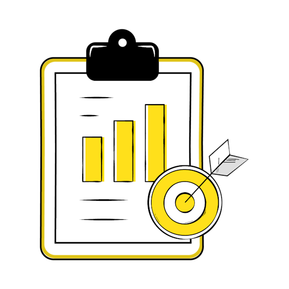 budget smarter - Minimalist icon showing a clipboard with yellow bar graph and target symbol