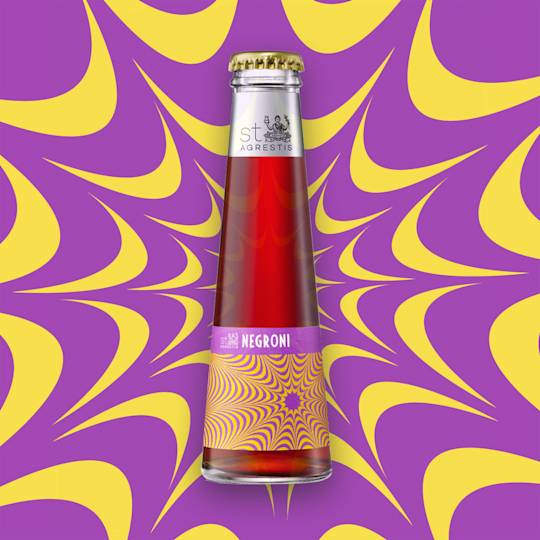 Bottle of St. Agrestis Negroni cocktail against psychedelic purple and yellow swirled background