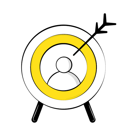 Target icon with user silhouette in center, yellow ring, and black arrow hitting bullseye
