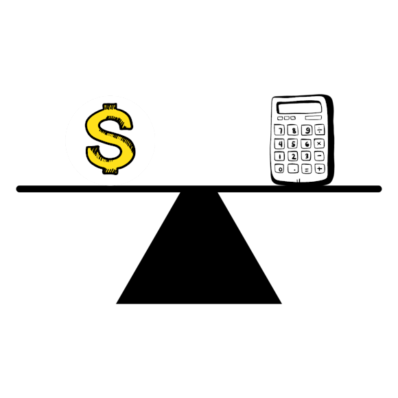 Graphic of a balance icon with a dollar sign and calculator
