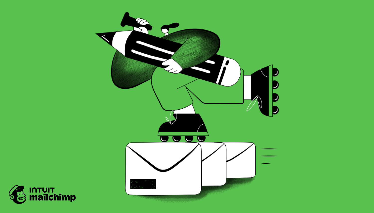 Cartoon figure on rollerblades jumping over envelopes, illustrated in black and white on green background with Mailchimp logo