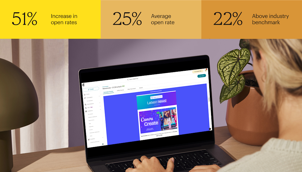 A close-up view of hands typing on a laptop keyboard, designing an email newsletter using Canva.