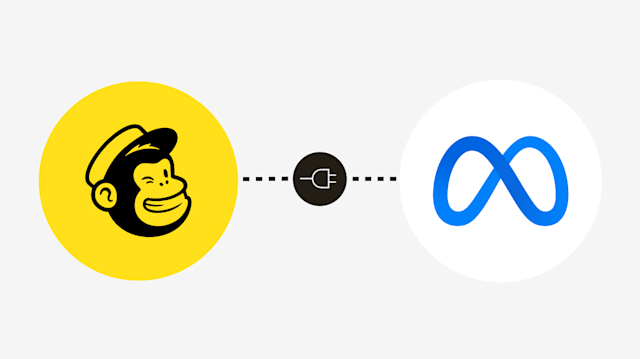 Mailchimp and Meta logos connected by a plug icon showing the Meta leads and Mailchimp integration.
