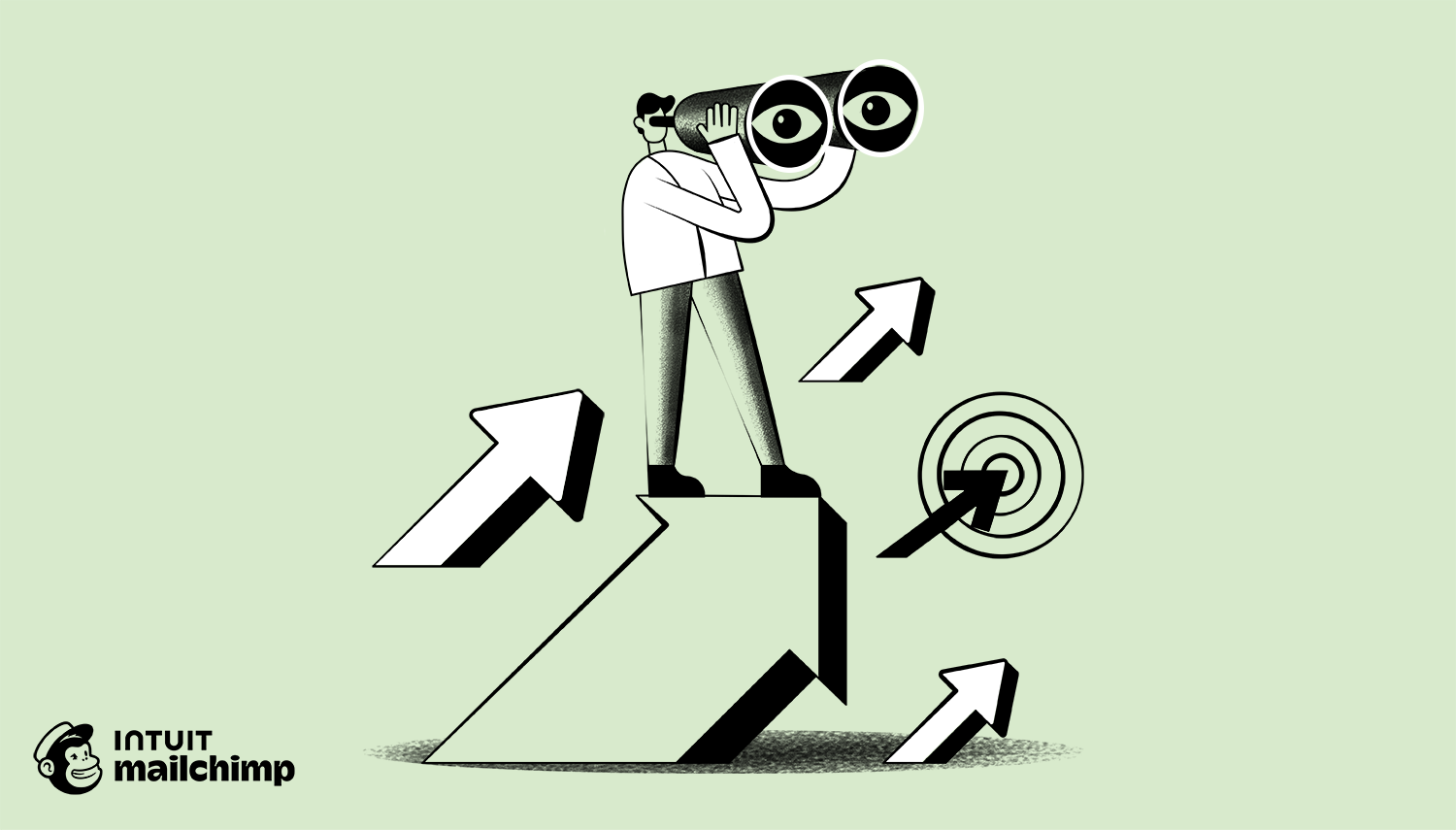 Illustration of figure using binoculars standing on platform with upward arrows and target, on mint green background with Mailchimp logo