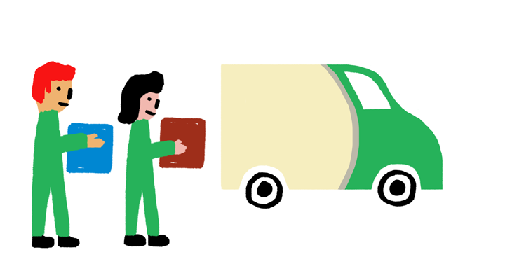 Two delivery workers in green uniforms holding packages next to a green and white delivery truck, illustrated in simple cartoon style
