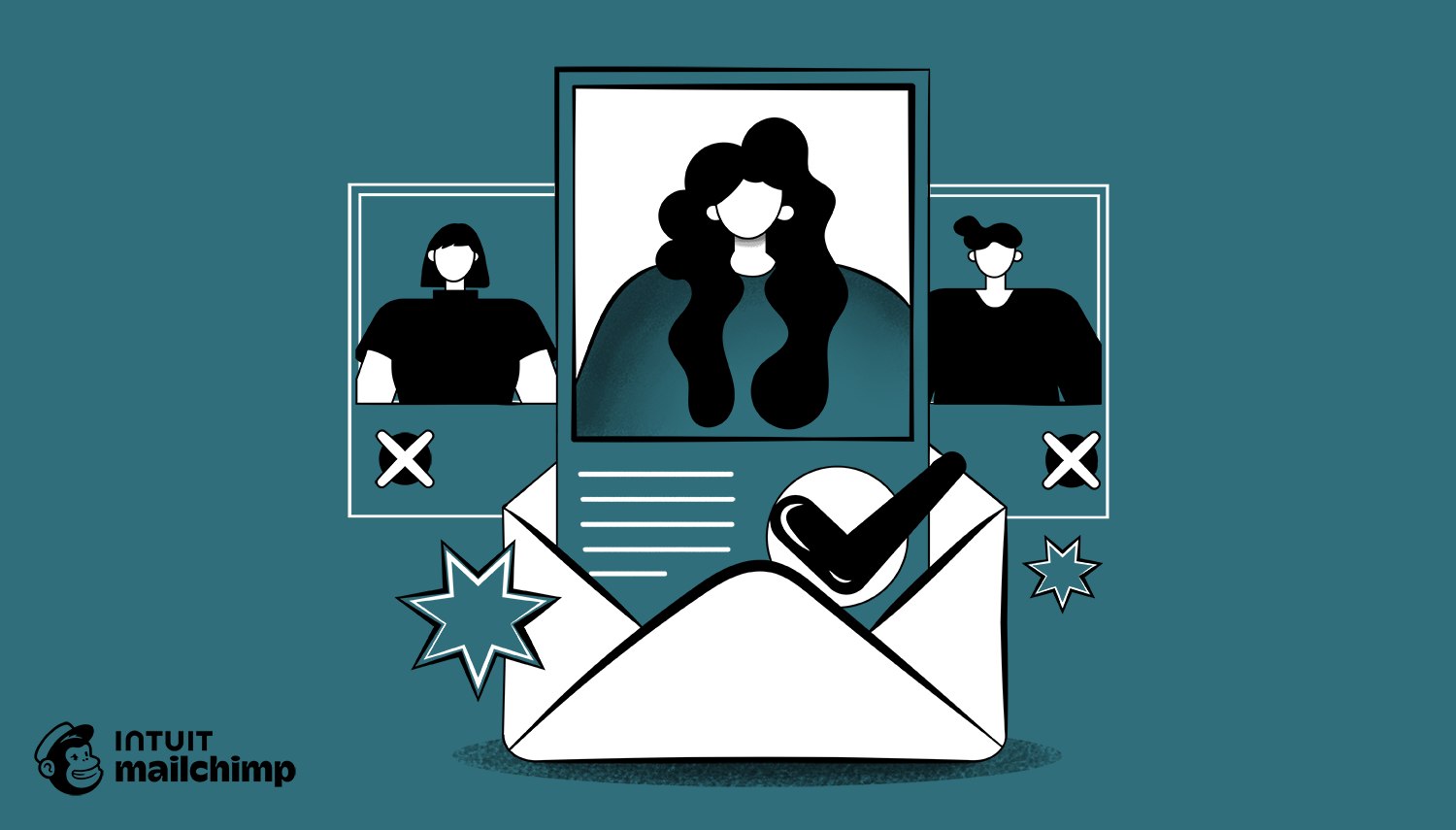 Illustration showing email list management with three profile cards, two marked with X's, and an open envelope with checkmark below on teal background