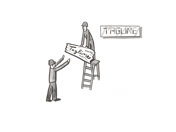 Two people hanging a tagline sign while using a ladder