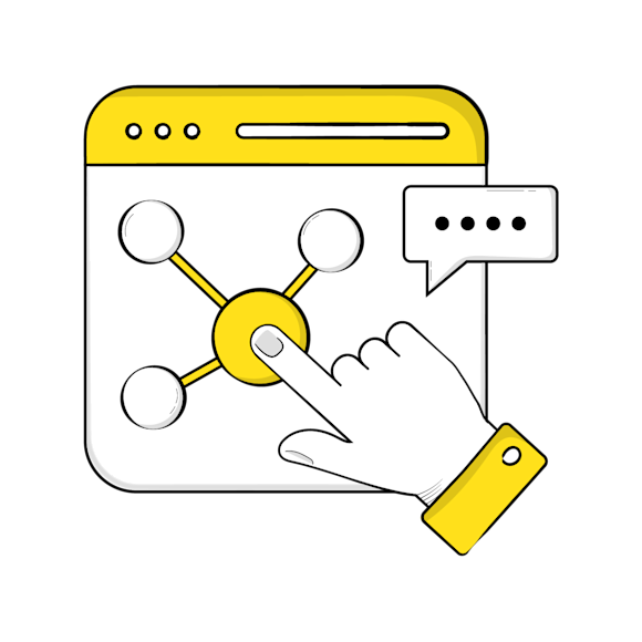 audience engagement strategies concept - Illustration of a browser window showing a hand clicking on a yellow hub-and-spoke diagram with a chat bubble appearing