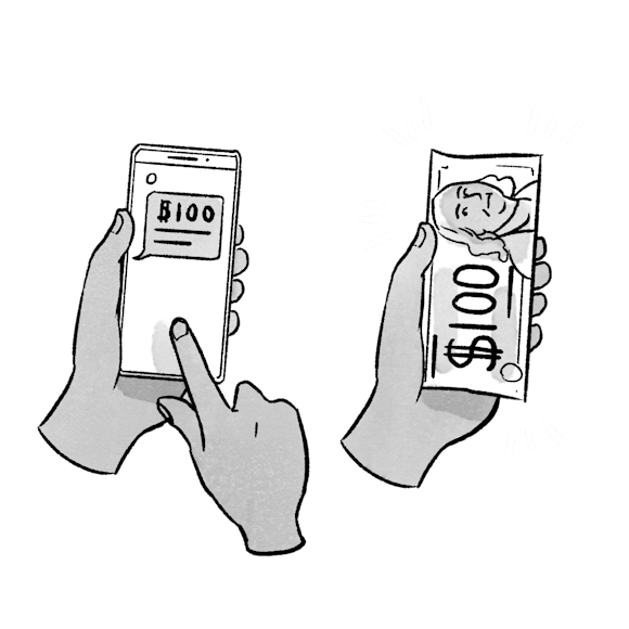 One hand holding a phone, one hand holding a $100 bill