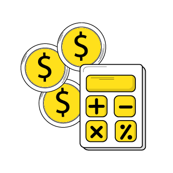 components of a marketing budget - Simple line drawings of gold coins and calculator buttons with dollar signs