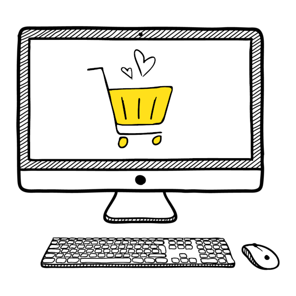 Computer with shopping cart on screen