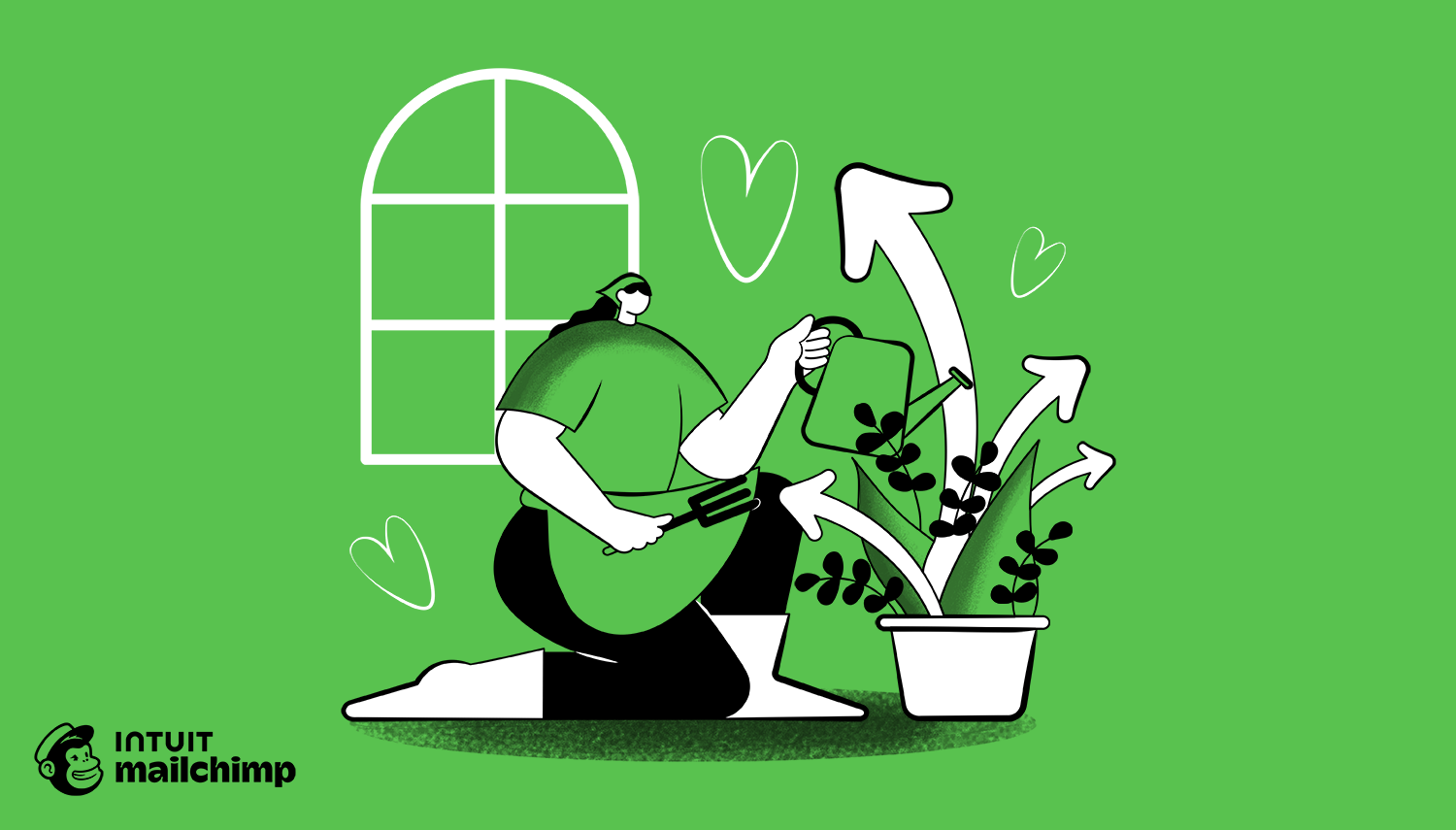 Illustration of a person watering a potted plant with upward arrows growing from it, against a green background with a window and hearts