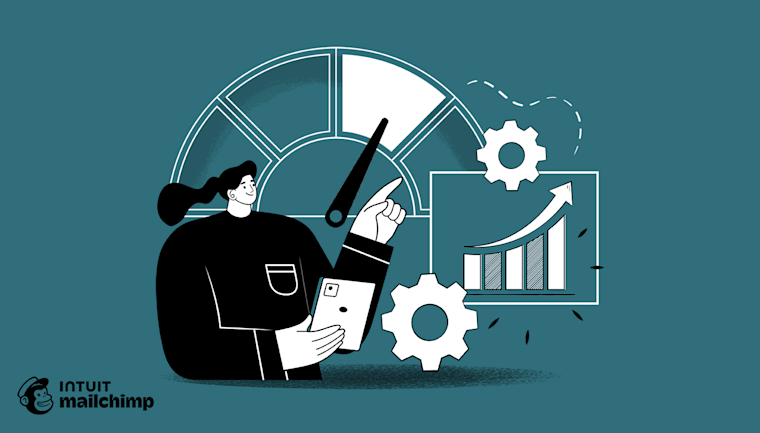 Stylized illustration of a person analyzing data with floating gears and graphs on teal background, with Intuit and Mailchimp logos below