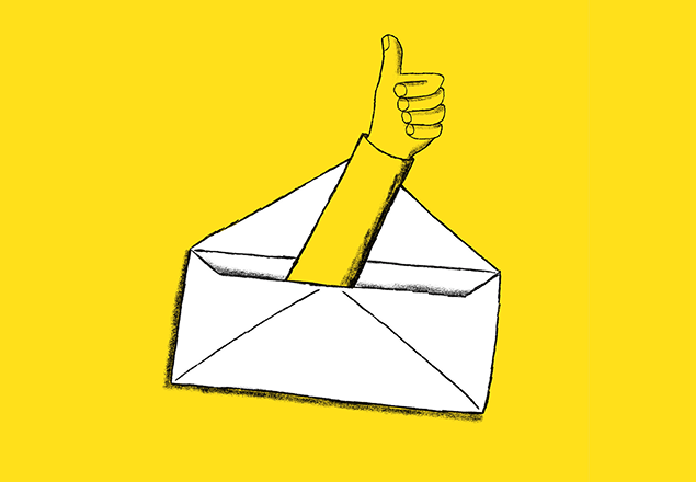 Illustration of a yellow arm giving thumbs up emerging from white envelope on bright yellow background