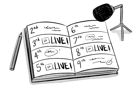 Pencil, book, and microphone