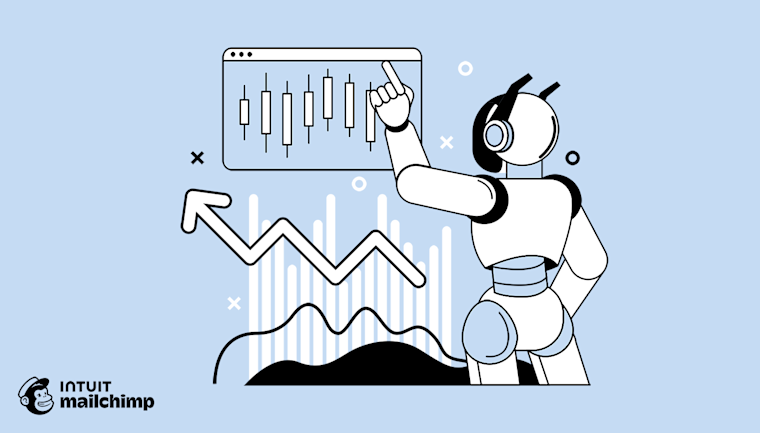 Cartoon character looking at financial candlestick charts on screen while floating in space, with Intuit Mailchimp logo below