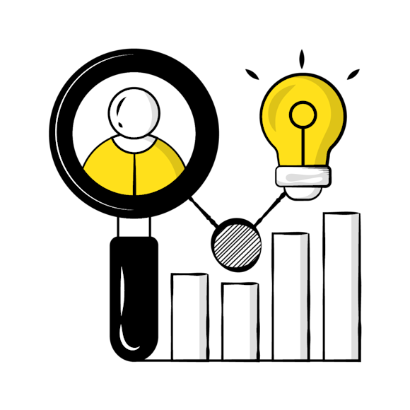 CDP benefits - Stylized icon showing a magnifying glass with user silhouette examining a bright yellow lightbulb above a bar graph