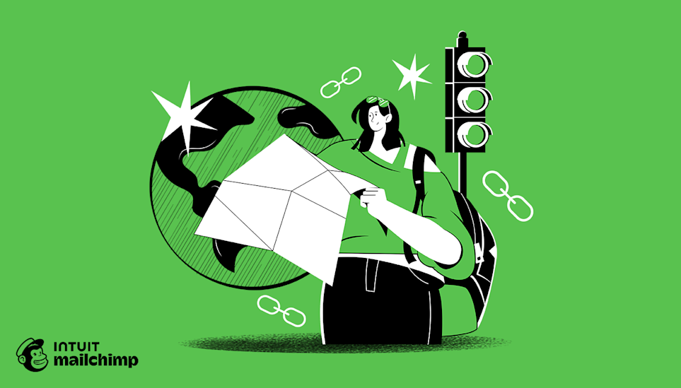 Black and white illustration of a person holding papers against a green background, with chain links and traffic light icons floating nearby