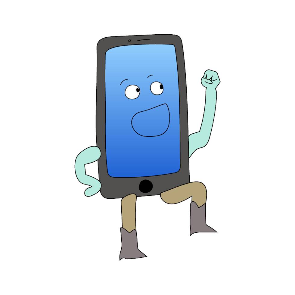 Cartoon illustration of an animated smartphone character with arms, legs, and boots, raising one arm in a triumphant pose