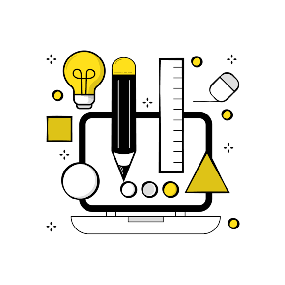 modern website design - Minimalist illustration of creative tools including lightbulb, pencil, ruler and geometric shapes in black and yellow on white background