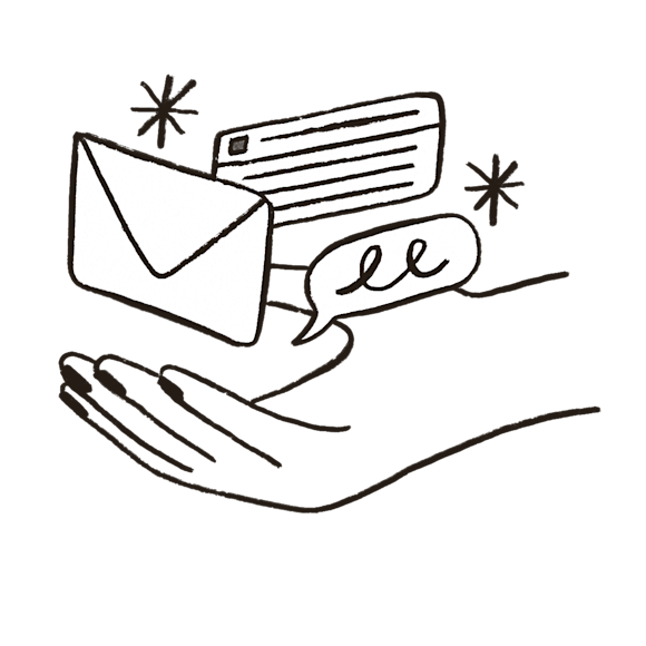 Hand-drawn illustration of an envelope, chat bubble, and notification icon floating above a curved line, with decorative star shapes