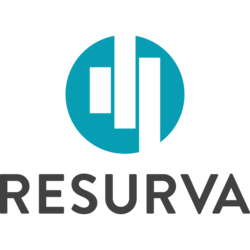 Teal circular logo with abstract geometric shapes forming "R" letters above black text "RESURVA"
