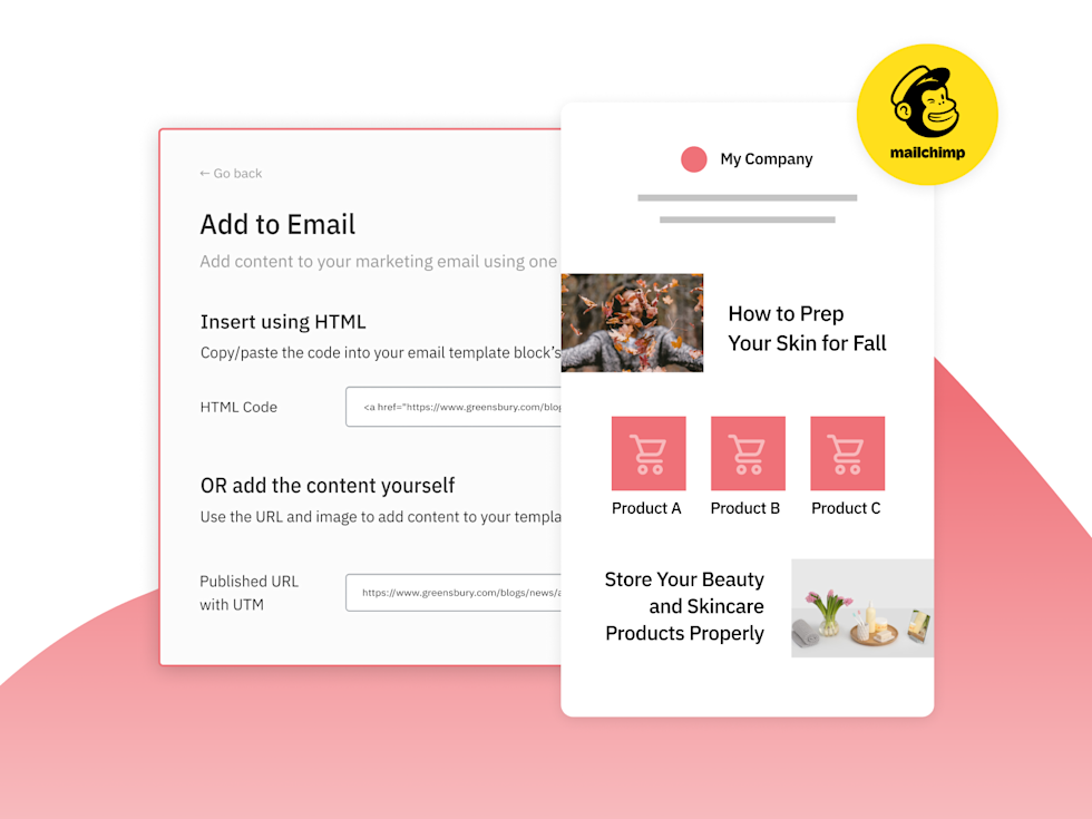 Image of  a newsletter that says "Add to Email" with a mailchimp logo in the corner.