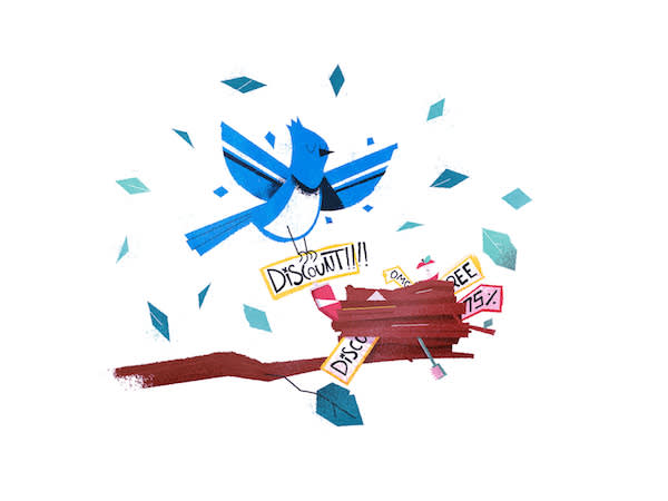 Blue cartoon bird breaking free from red restraints, surrounded by scattered geometric shapes and text fragments