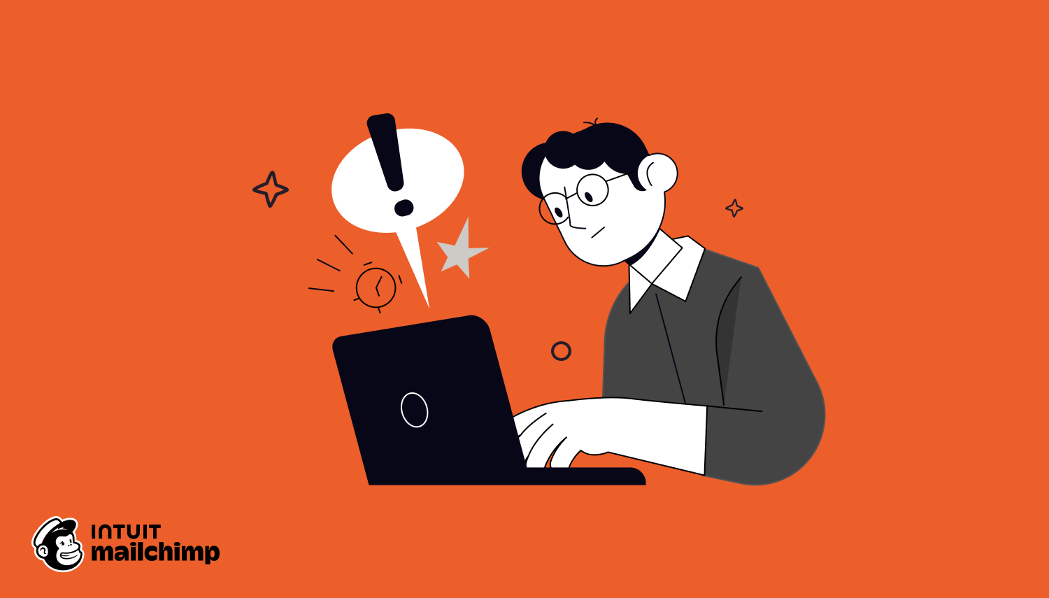 Cartoon illustration of person wearing glasses working at laptop with exclamation point speech bubble, on orange background