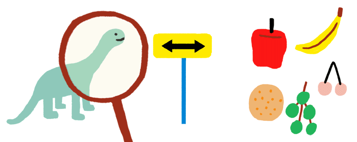 Cartoon illustration showing a dinosaur under magnifying glass next to a two-way arrow sign and various fruits and snacks