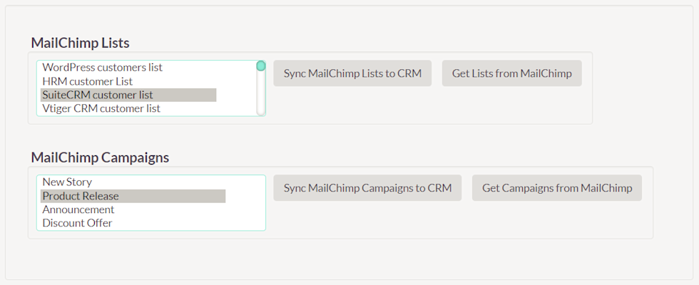 Image of Mailchimp lists and options to sync these lists to CRM