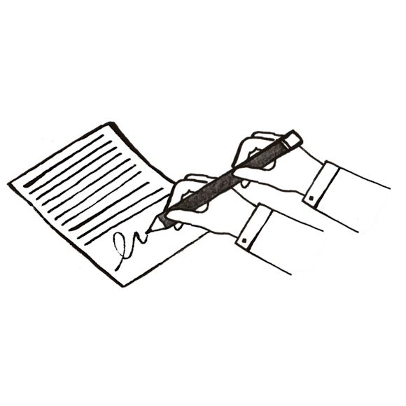 Black and white illustration of a hand signing a lined document with a fountain pen