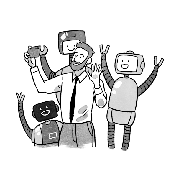 Human takes a selfie with robots