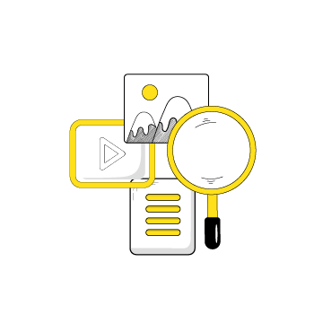 how content curation helps - Line drawing of media content icons including a video player, image, text document and magnifying glass in yellow and gray