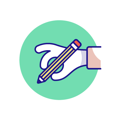 A white hand holding a blue pencil icon on a mint green circular background