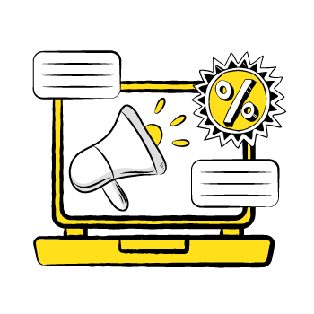 use gifs - illustration of a computer screen displaying a percentage symbol and speech bubbles, shown in black and yellow colors