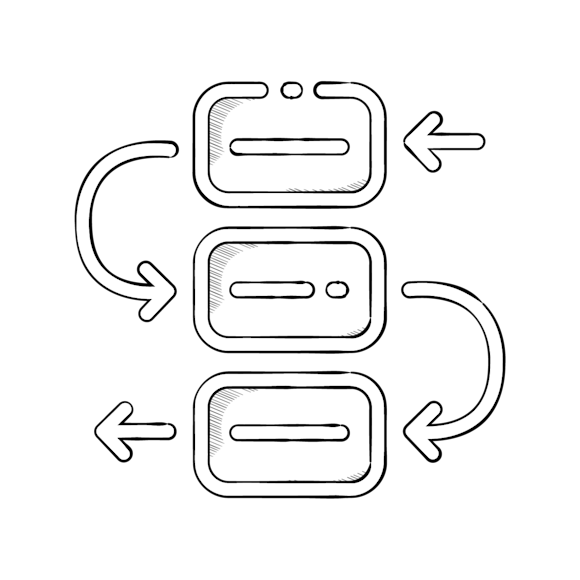 Simple line drawing of three horizontal rectangles with curved corners and arrows pointing between them, suggesting a flow or process diagram