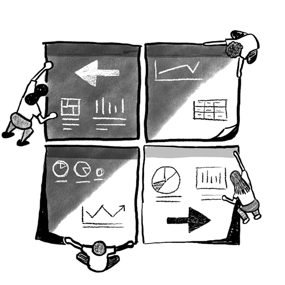 People with four squares with graphs and charts