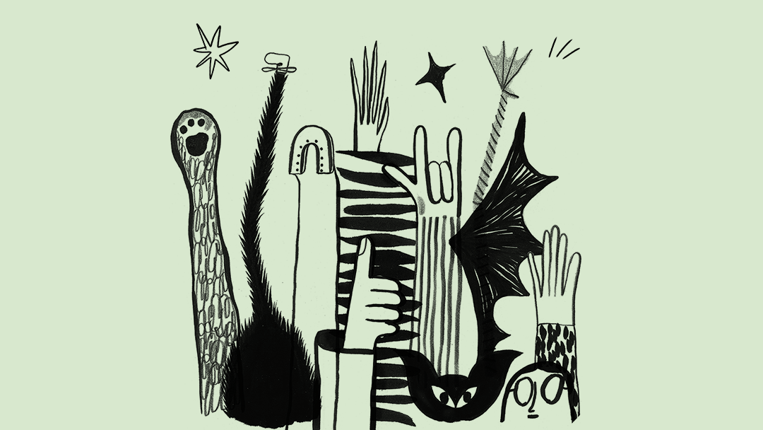 Illustration of animals and humans raising their hands