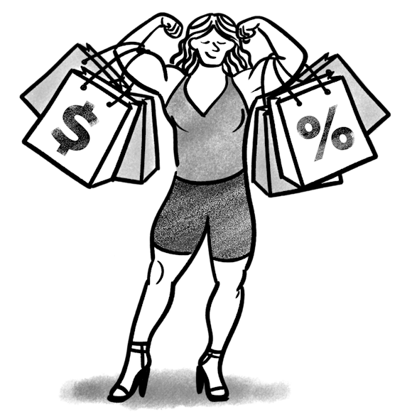 Person flexing with shopping bags