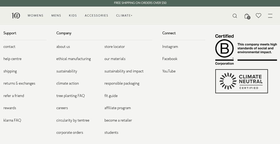 Tentree footer showing sustainability certifications