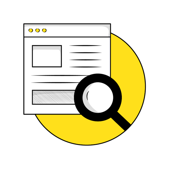 SEO content relevance concept - illustration of a browser window and magnifying glass icon 