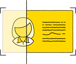 Simple line drawing of a profile avatar icon next to text lines on a yellow and cream split background