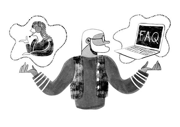 Customer contemplating customer service vs. FAQs