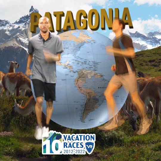 Promotional image showing runners in Patagonia with globe, mountain backdrop, llamas, and Vacation Races 10th anniversary logo