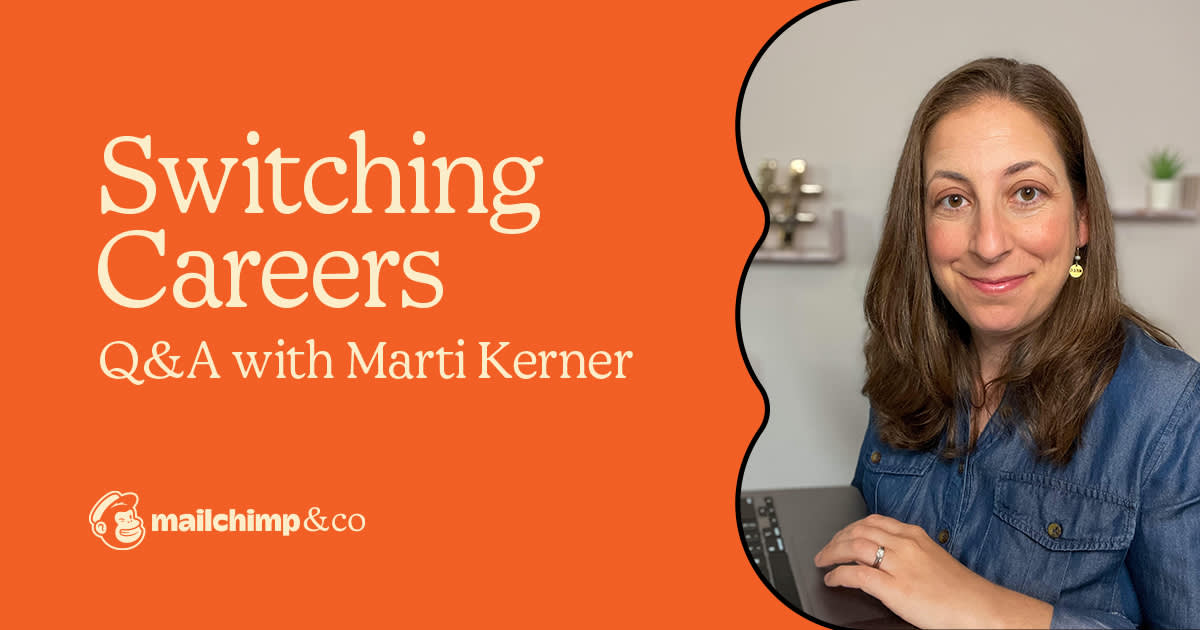 Professional wearing denim shirt smiles at camera against orange background with "Switching Careers Q&A" text and Mailchimp logo