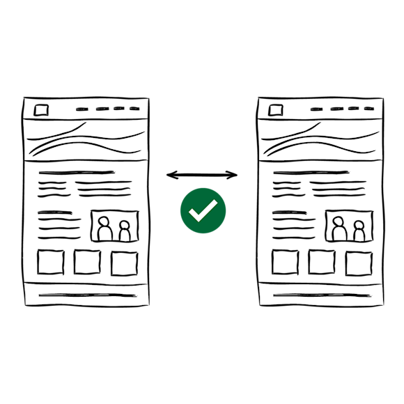 Illustration of two web pages with a two-way facing arrow and a check mark between them.
