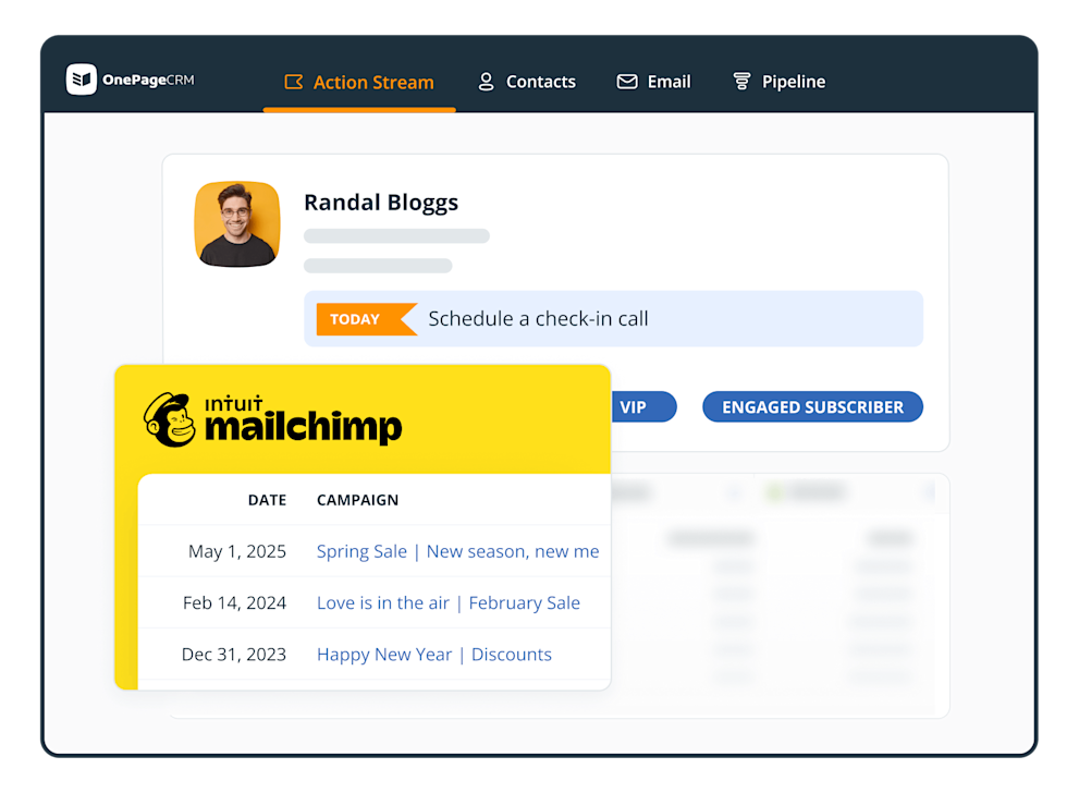 OnePageCRM interface showing Mailchimp campaign history for VIP subscriber, with upcoming check-in call scheduled for today.